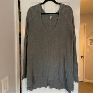 Free People Waffle Knit V-Neck Tunic Top Raw Hem Oversized Fit
